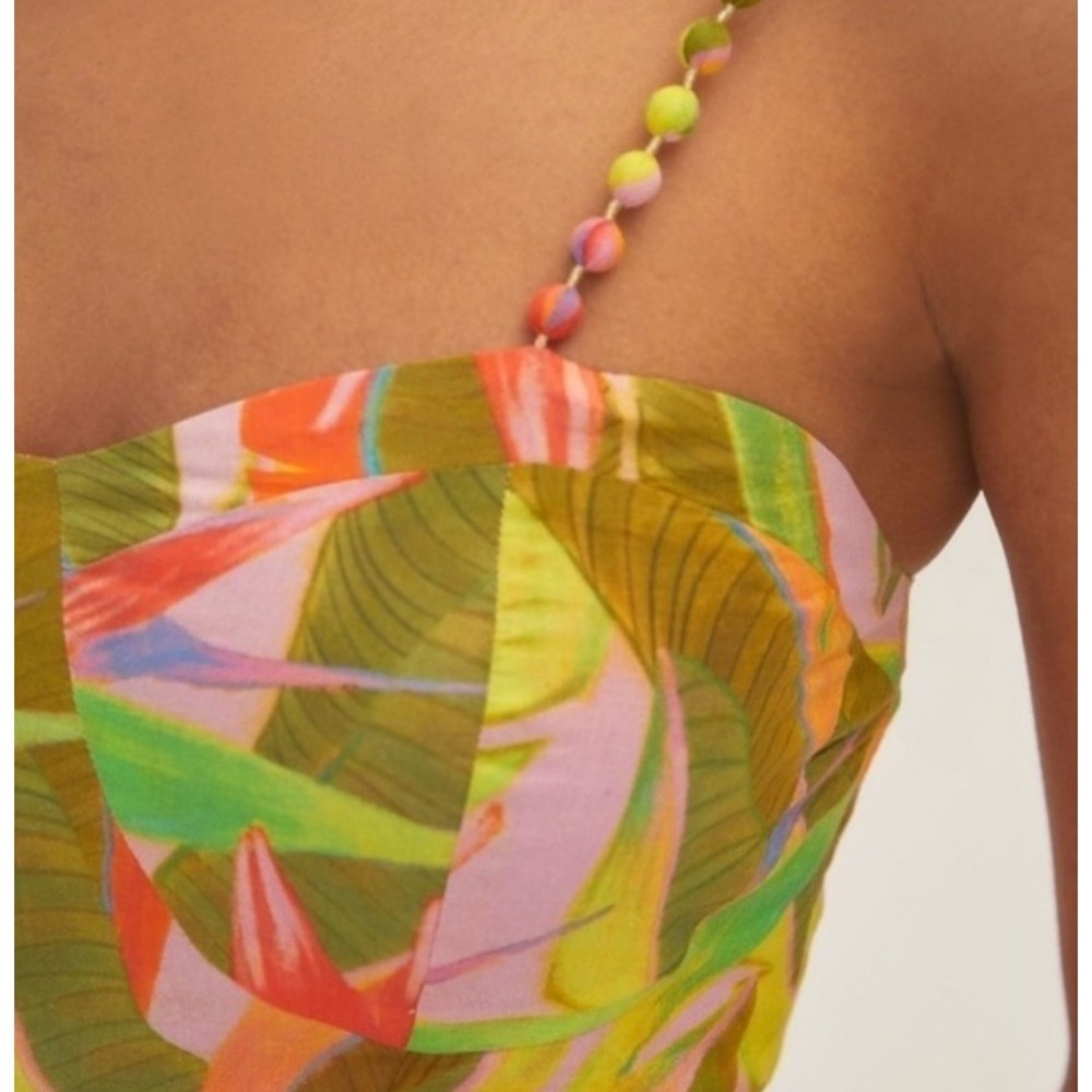 Farm Rio for Anthropologie Tropical Beaded Strap Bustier Crop Top Pink Green | M - Picture 3 of 10